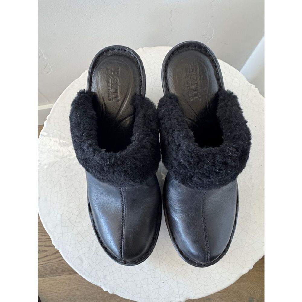 Born Women’s Black Leather Shearling-Trim Platform Mules Slip On Shoes Size 6 - Picture 2 of 11